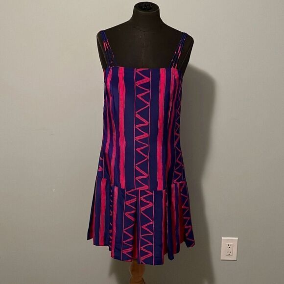 Vintage Women's Pink & Blue Striped Zigzag Spaghetti Strap Pleated Dress - Picture 1 of 9